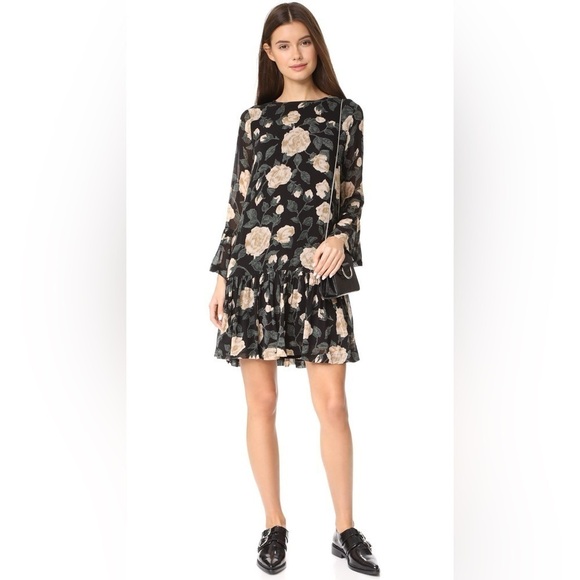 Ganni Carlton Georgette Dress Black Floral - Picture 1 of 9